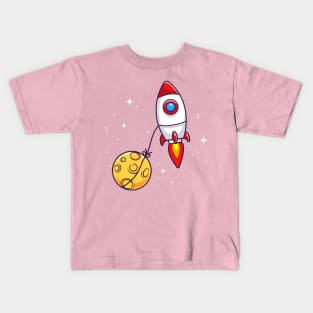 Rocket Flying With Moon In Space Cartoon Kids T-Shirt